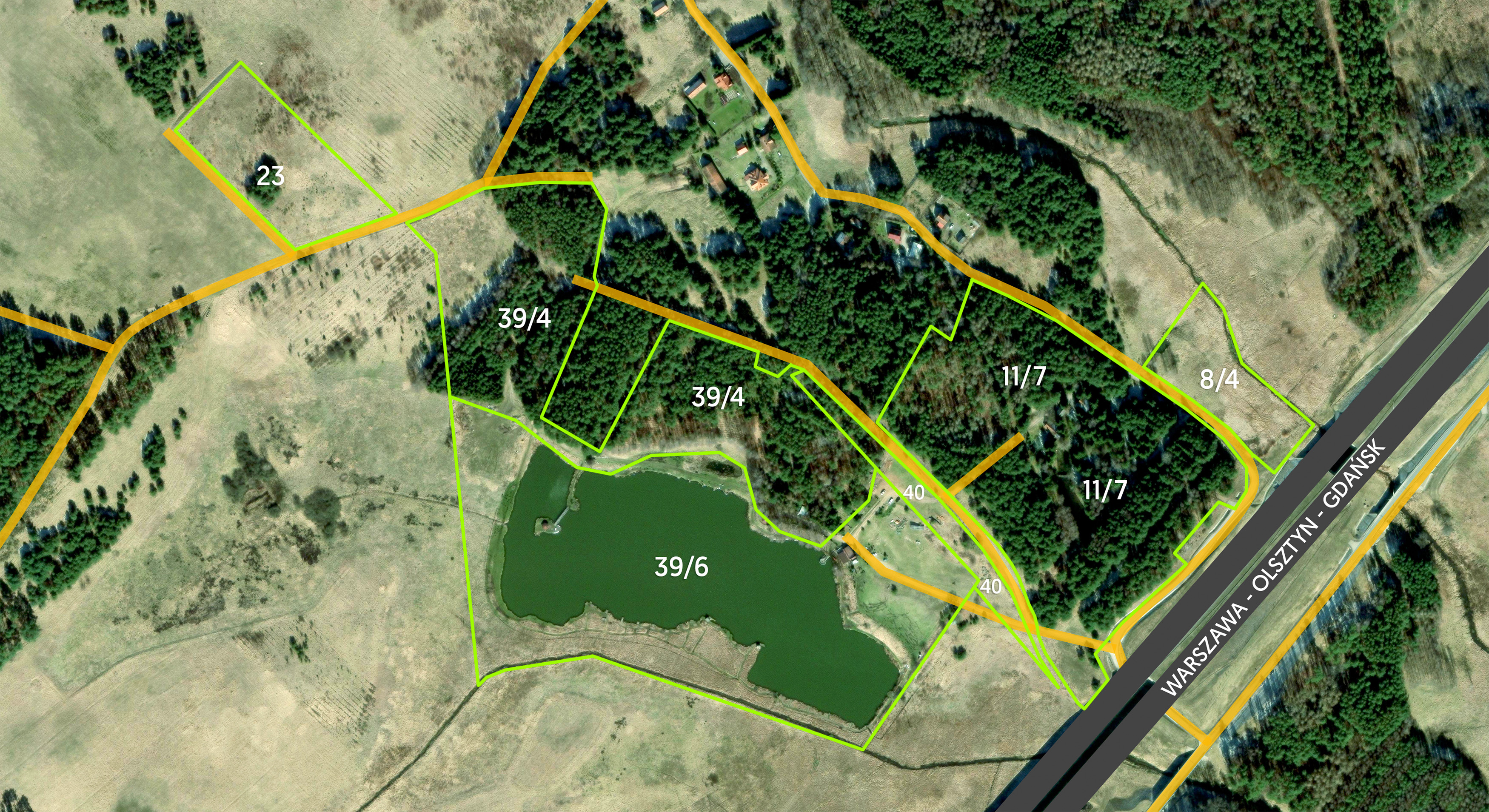 Rzut z góry działek w miejscowości Zezuj